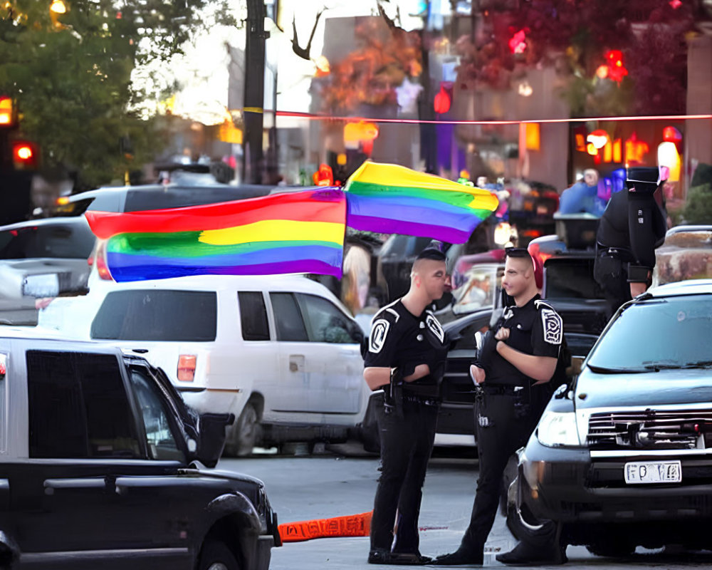 Police officers with rainbow flag at barricade on busy street