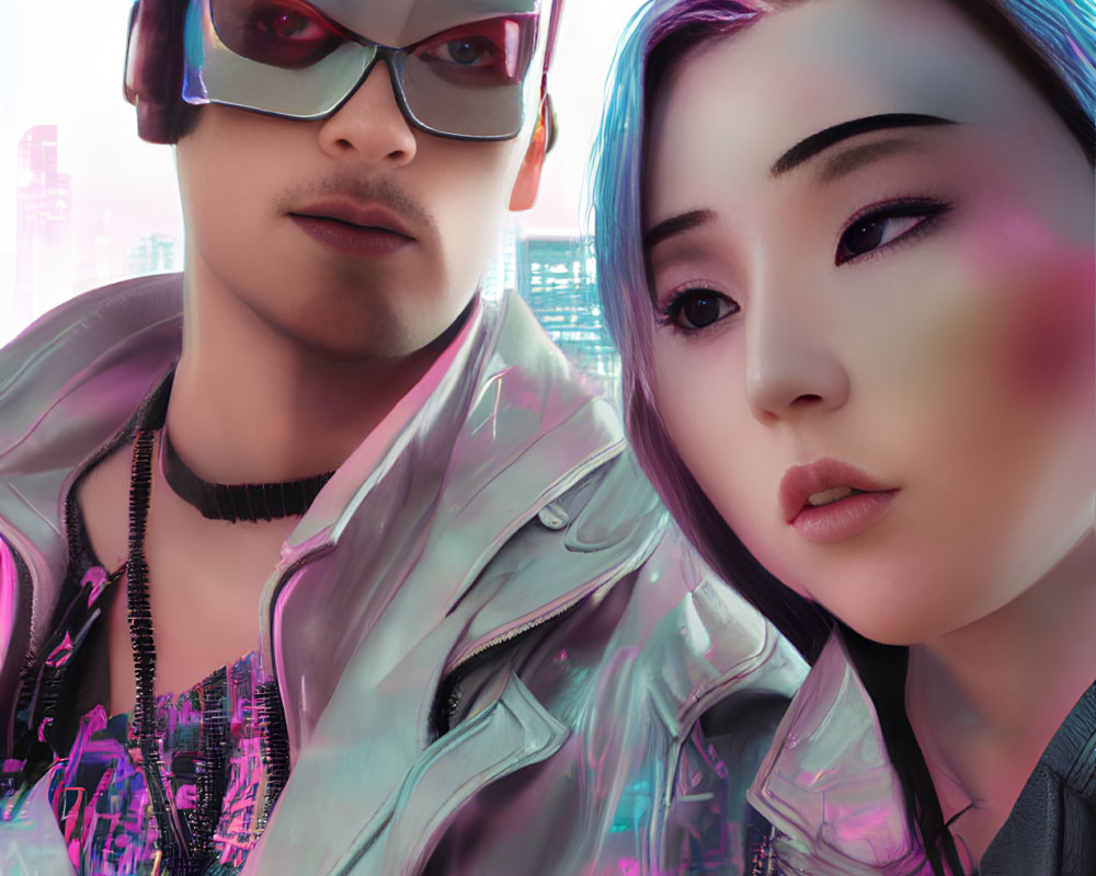 Futuristic cyberpunk individuals in neon-lit cityscape