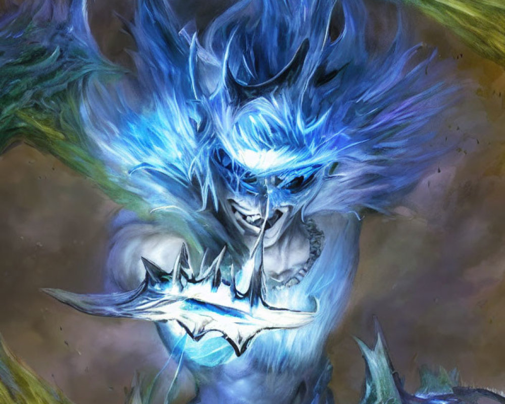 Fantasy creature with blue hair and horns holding a blade in misty aura