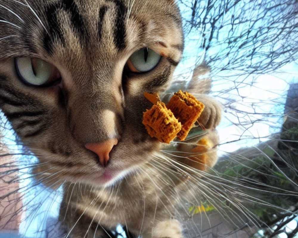 Tabby cat with bread in mouth reaching towards camera.