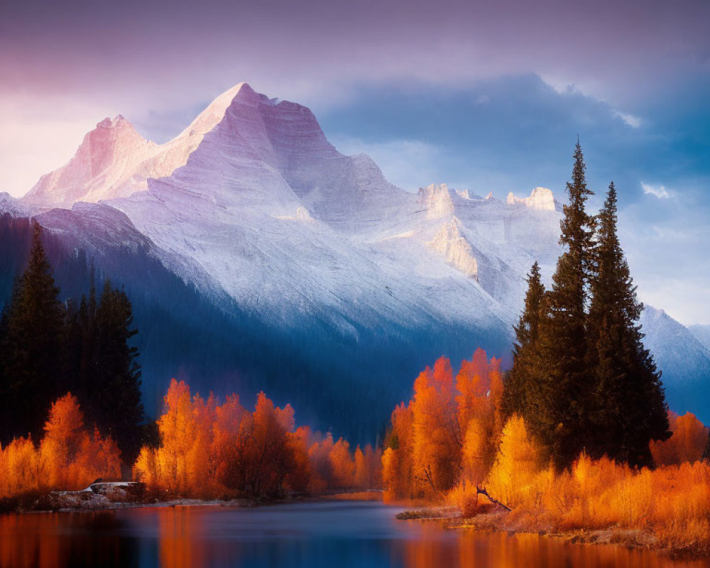 Autumn Lake Landscape with Snow-Capped Mountains