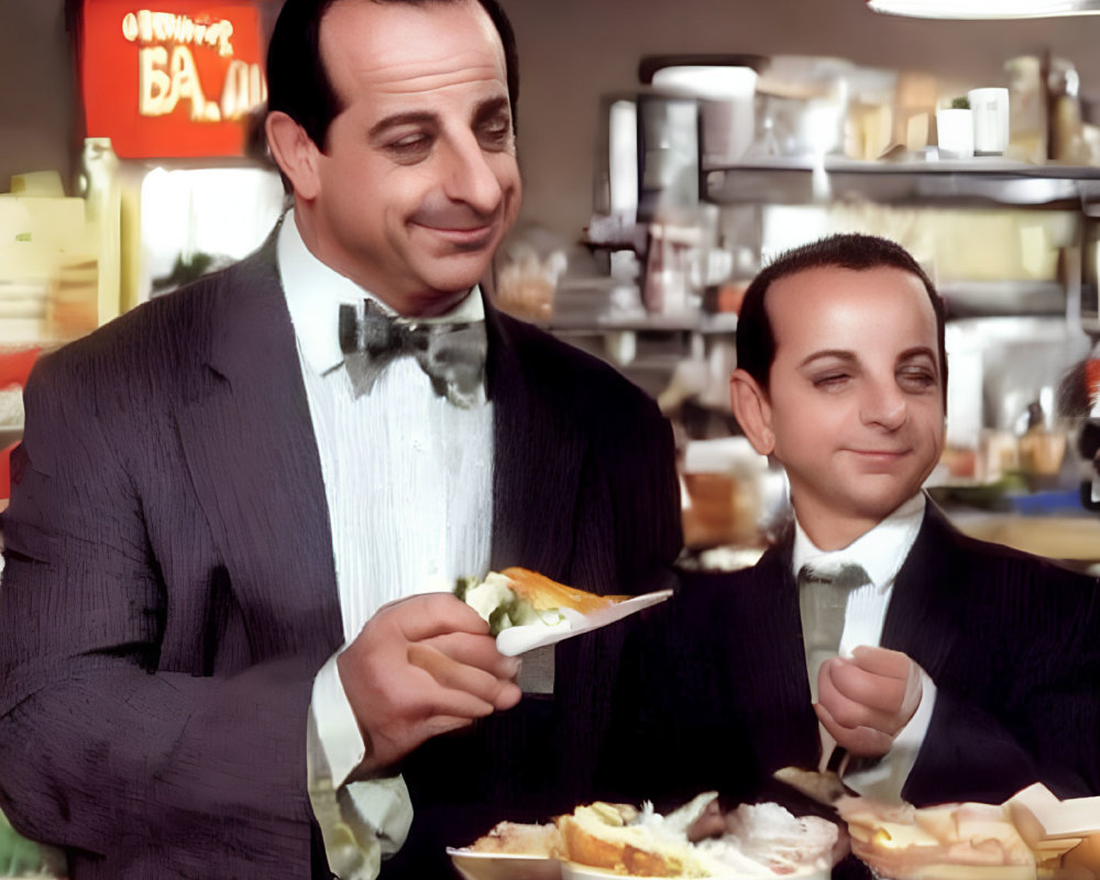 Adult and child in formal attire smiling at buffet with pie plate.