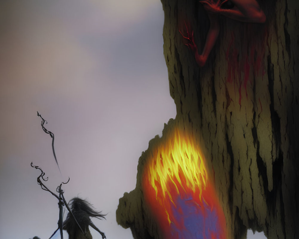 Eerie red-eyed creature on tree with lava flow and mysterious figures