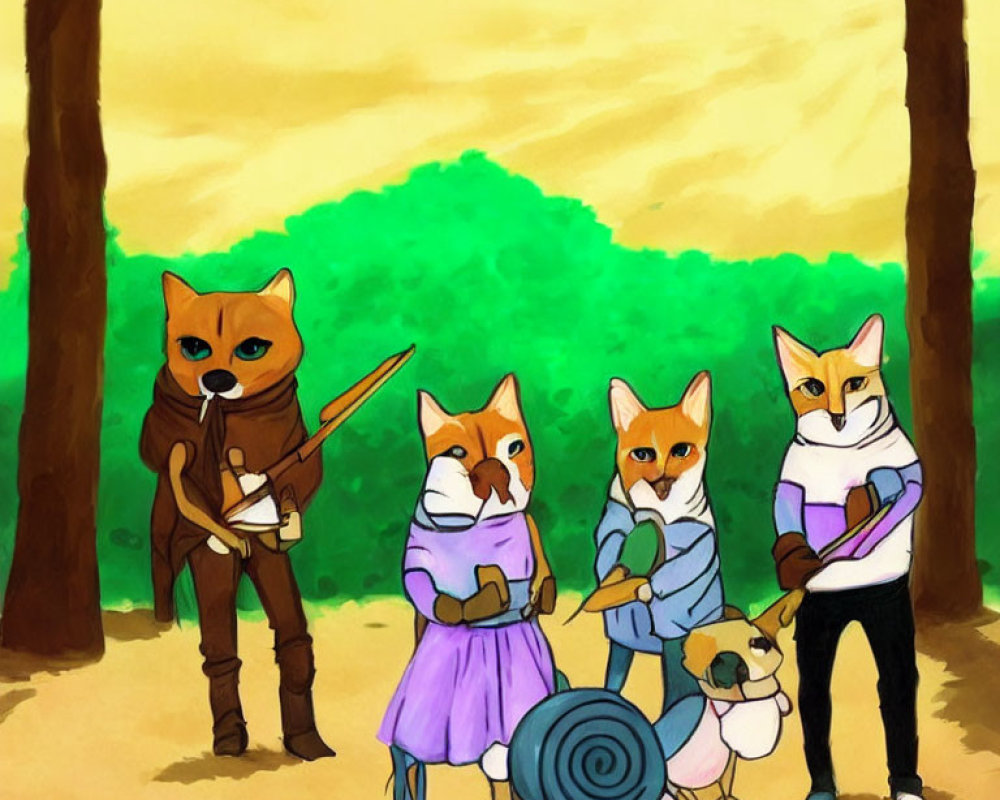 Medieval-themed anthropomorphic fox family in forest scene