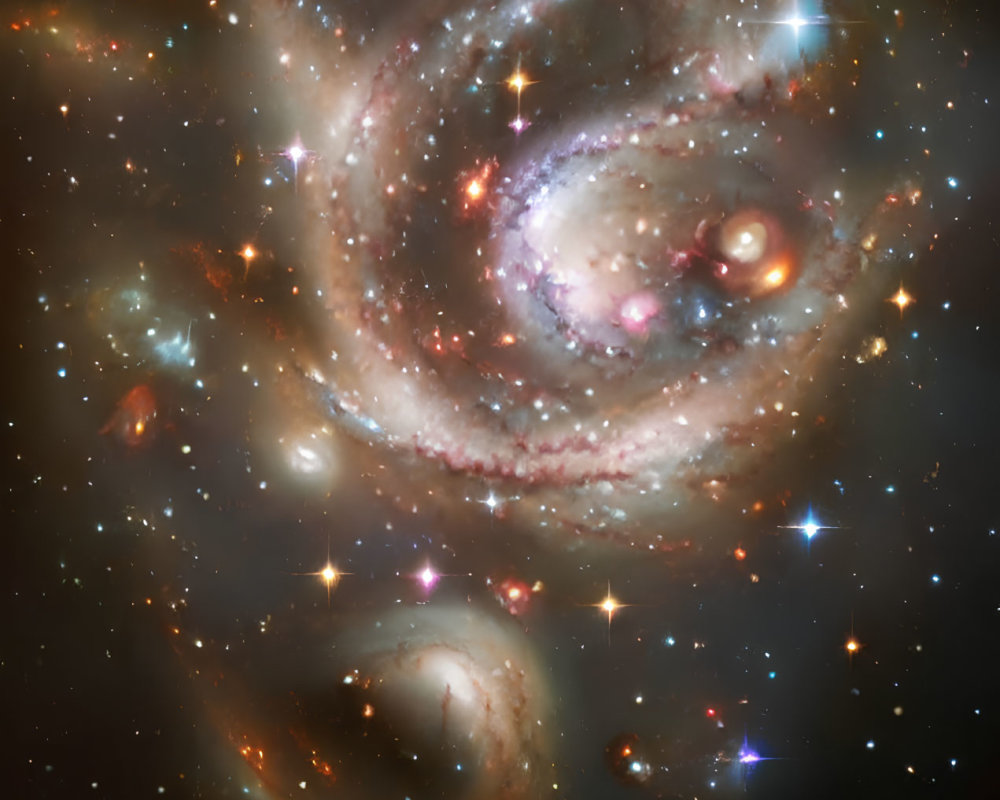 Spiraling galaxy surrounded by stars and smaller galaxies