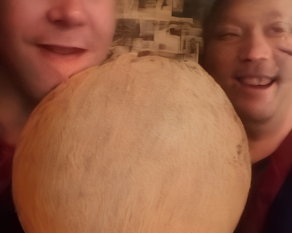 Men posing with large blurred fruit or vegetable.