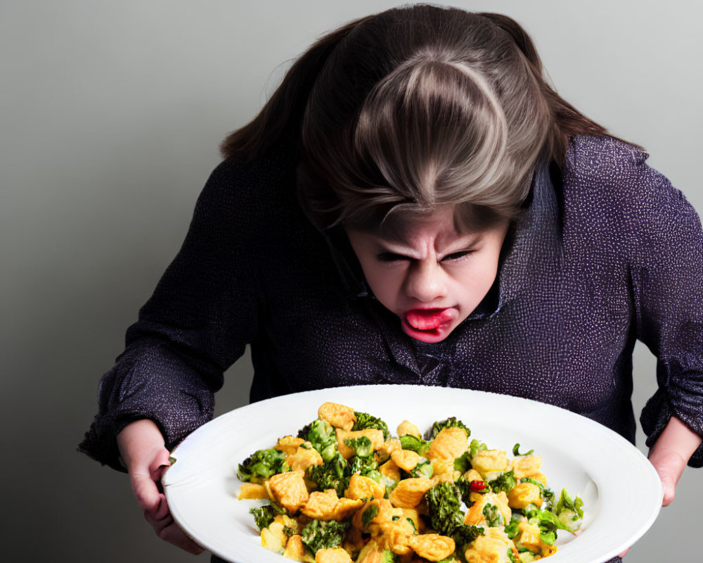 Person with disgusted face holding plate of food