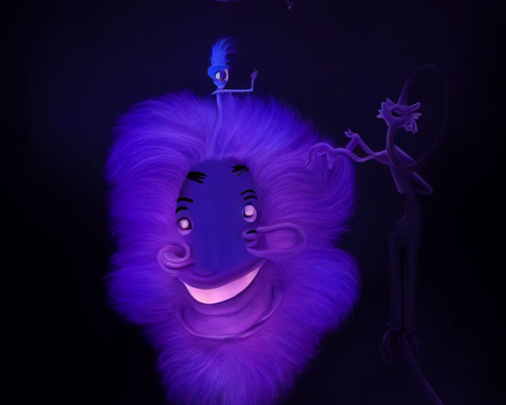 Colorful illustration of fluffy purple creature in mystical setting