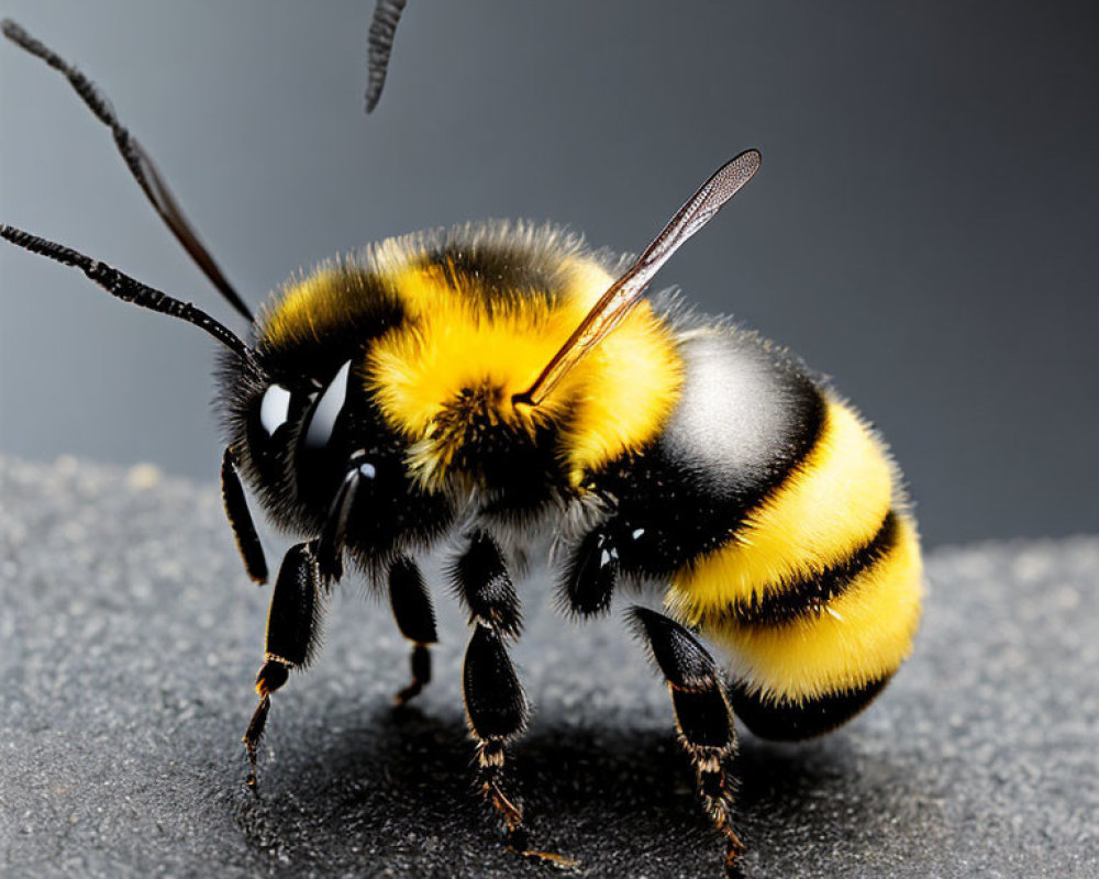 Detailed close-up of a mid-flight bumblebee with blurred wings, yellow and black stripes, and