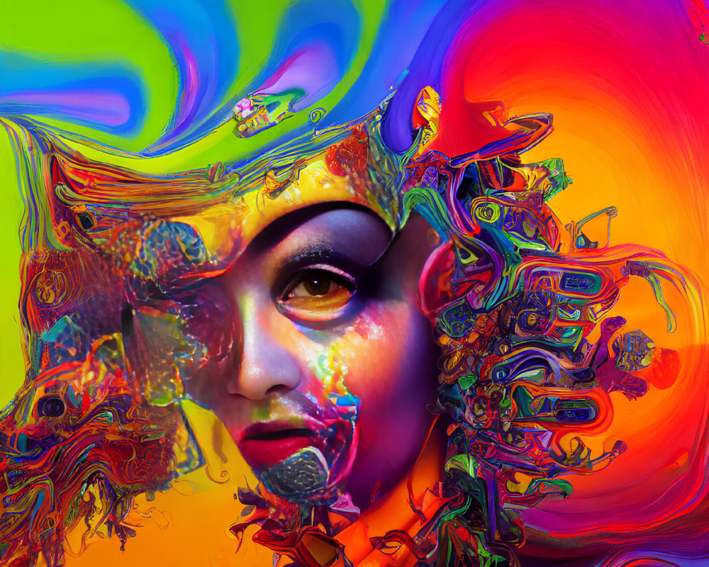 Colorful Abstract Digital Art of Woman's Face with Swirling Elements