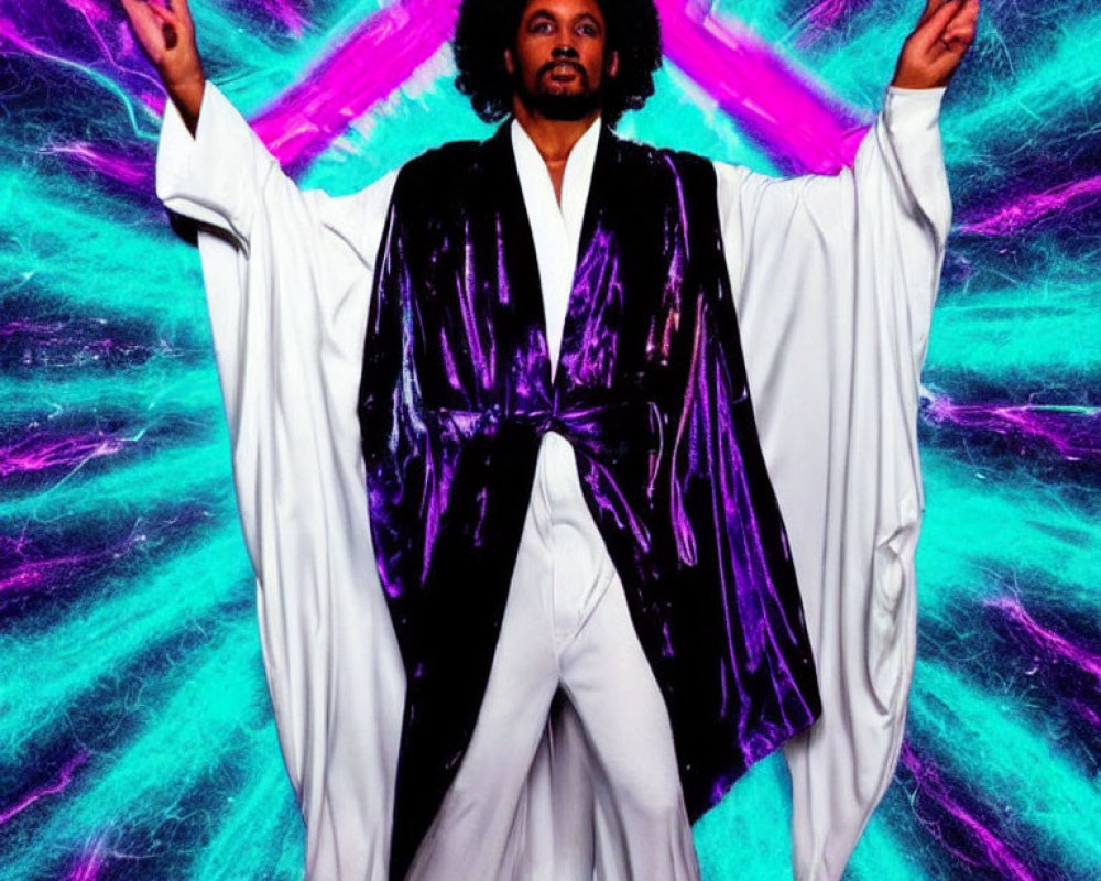 Man in White and Purple Robe with Raised Arms on Neon Pink and Blue Background