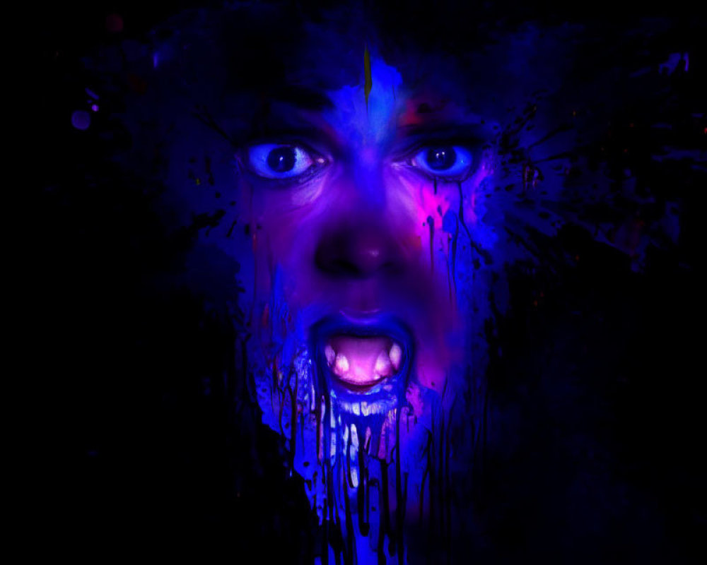 Intense blue and purple portrait with streaks of paint or blood