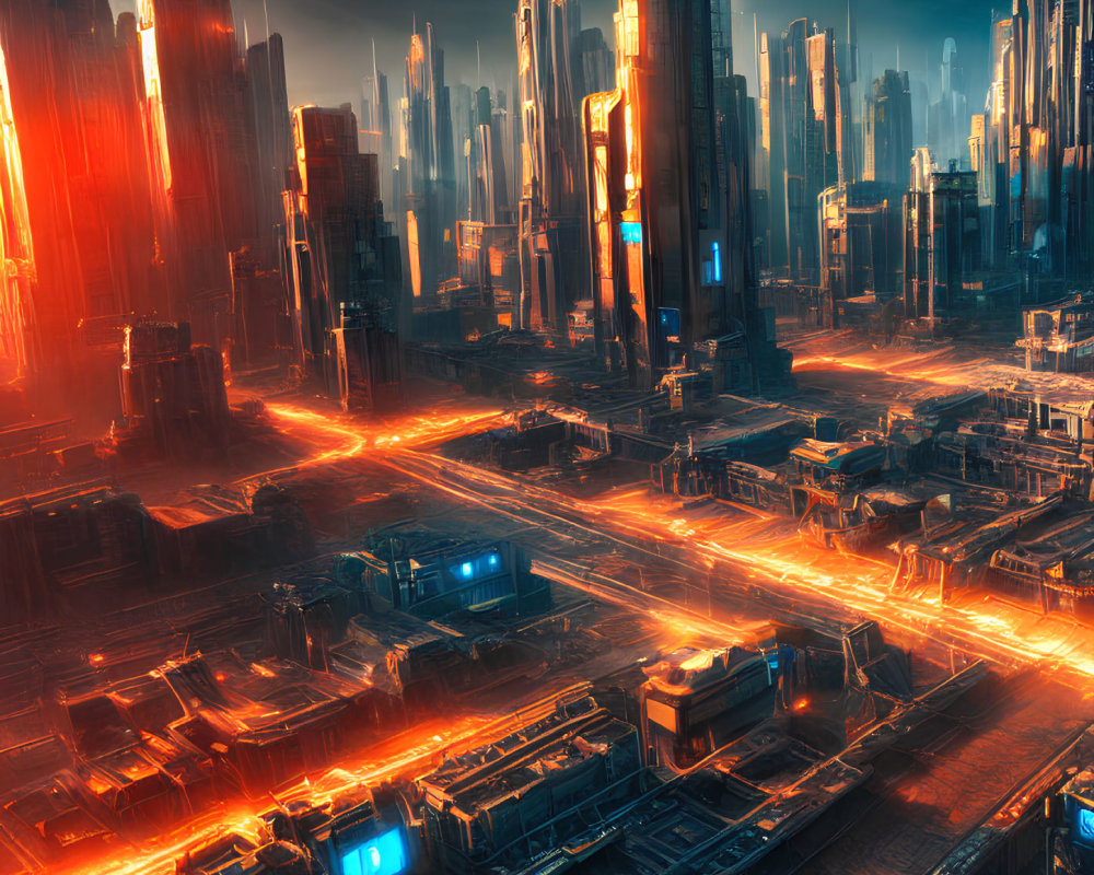 Futuristic cityscape with towering skyscrapers and neon lights