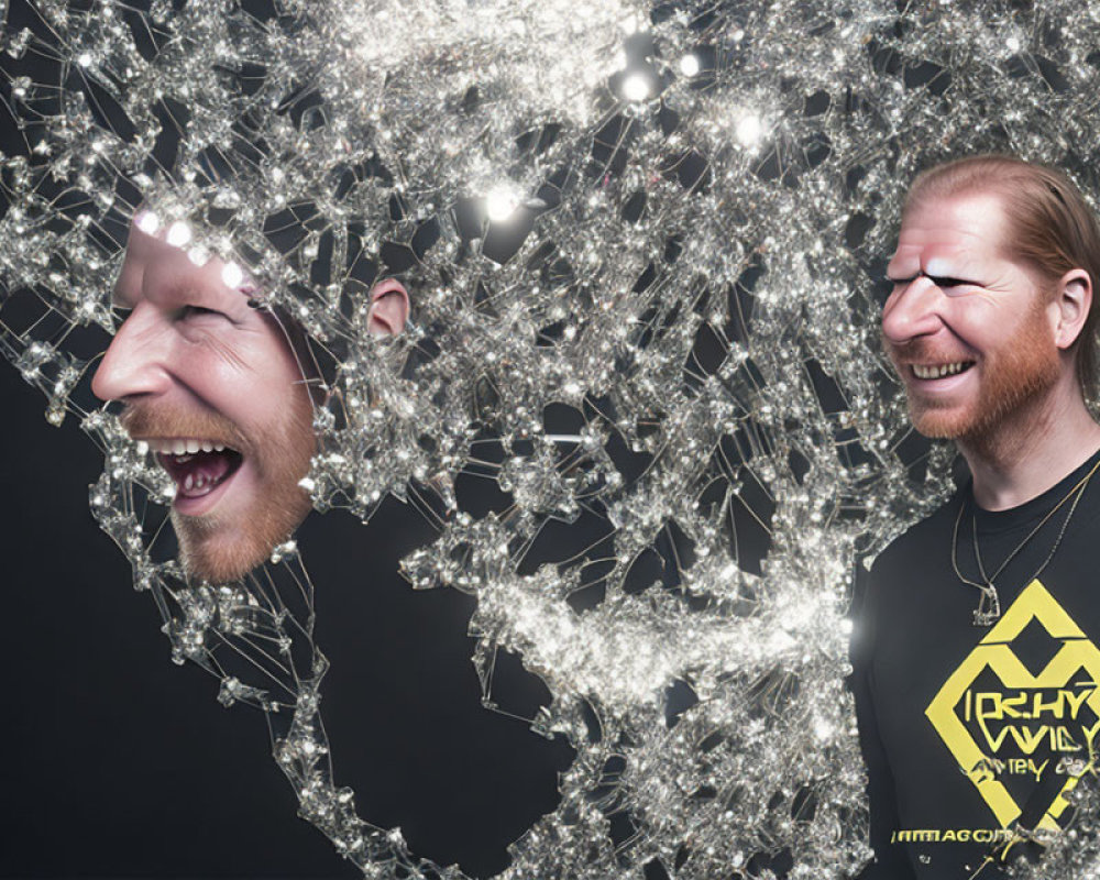 Two bearded men overlaid on silver sphere background