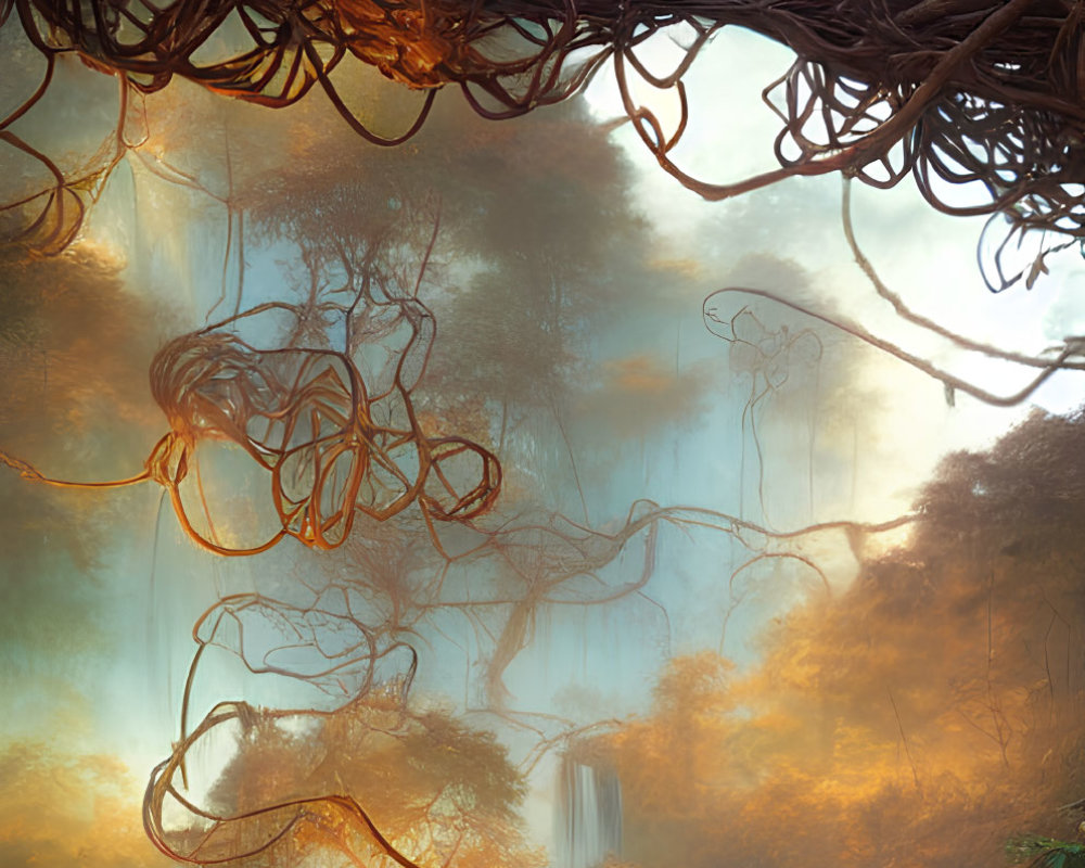 Person sitting on vine-covered bridge over mystical forest with waterfalls and river in golden mist.