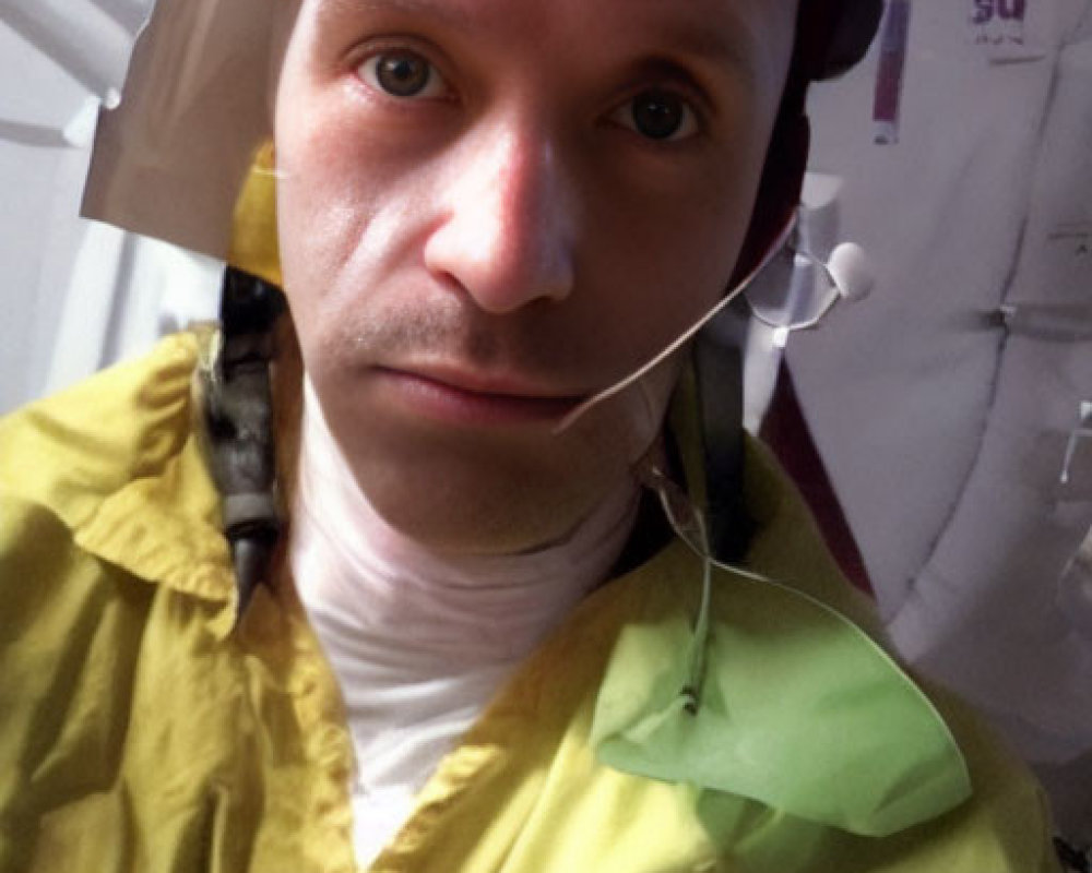 Yellow protective suit and red helmet with communication earpiece indoors.