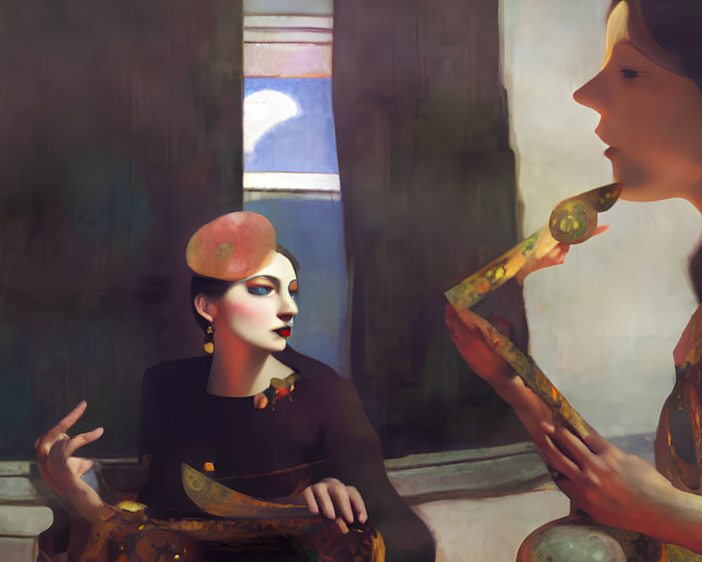 Stylized women conversing in vintage room with fireplace and mirror