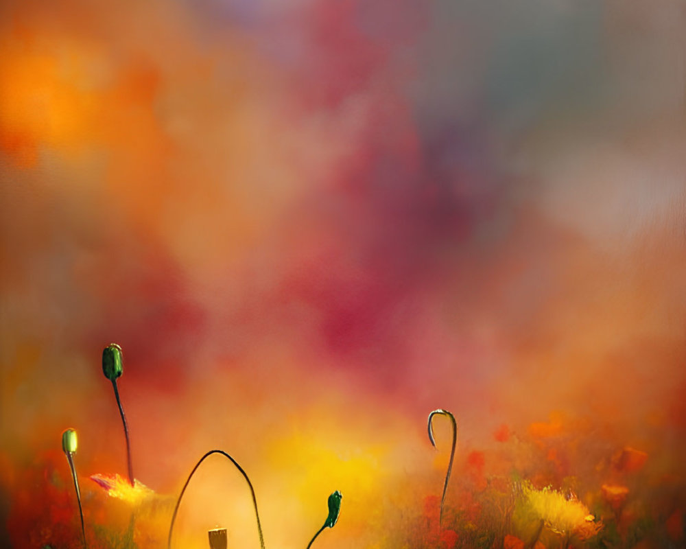 Vivid landscape with red poppies, glowing orbs, and colorful sky