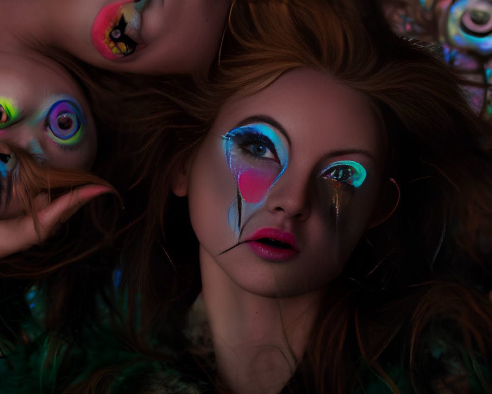 Woman with Dramatic Makeup on Colorful Peacock Feather Background