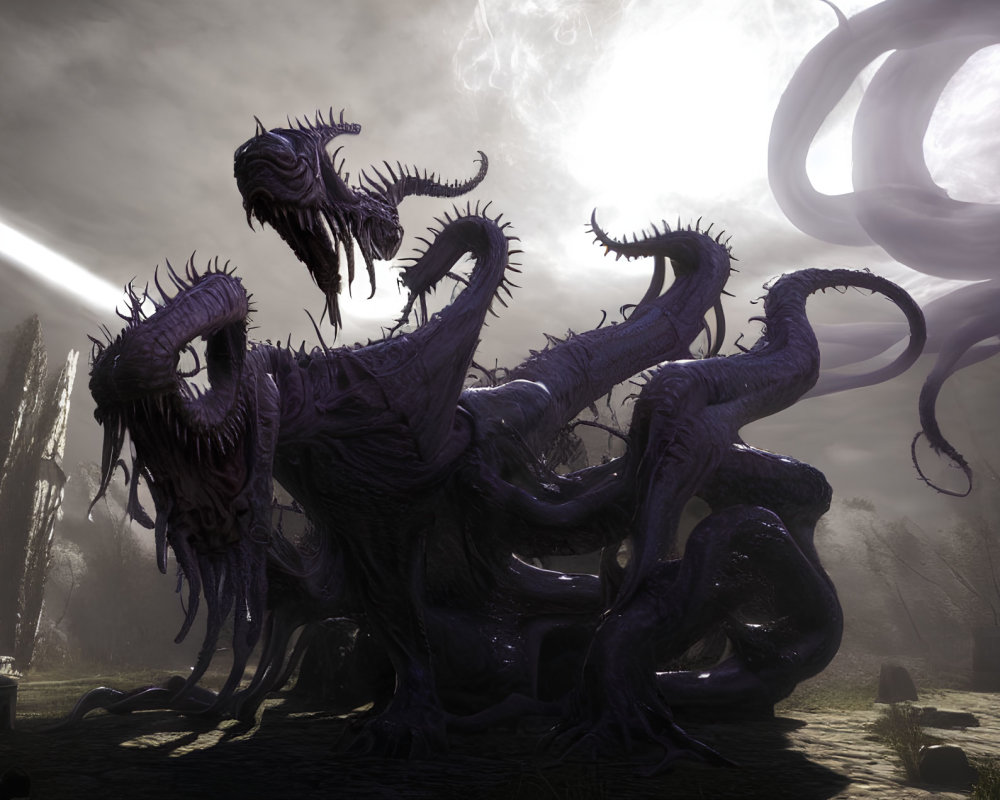 Sinister creature with tentacles and fangs under eerie sky with planetary rings