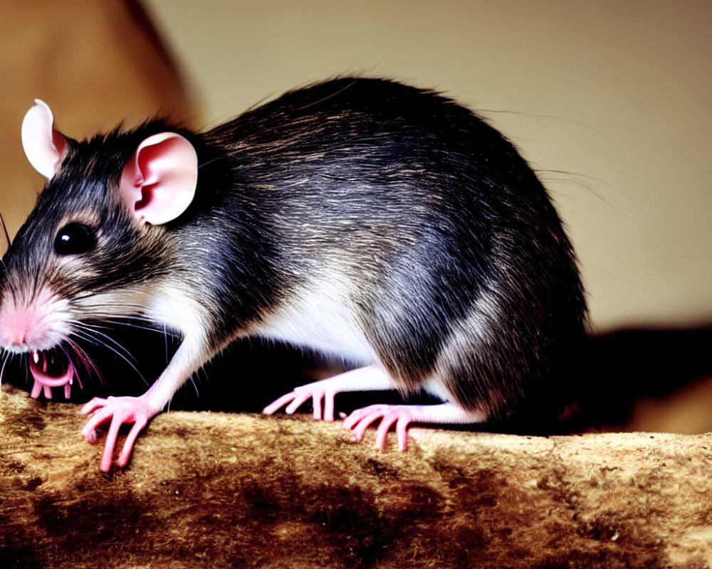 Black and white rat with prominent ears and whiskers on wooden surface