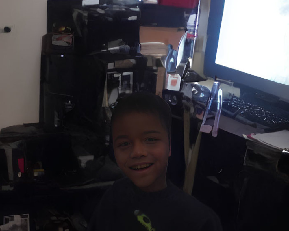 Young boy smiling in room with electronic equipment