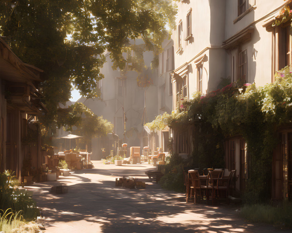 Sunlit street with foliage-covered buildings and outdoor seating under tree canopy