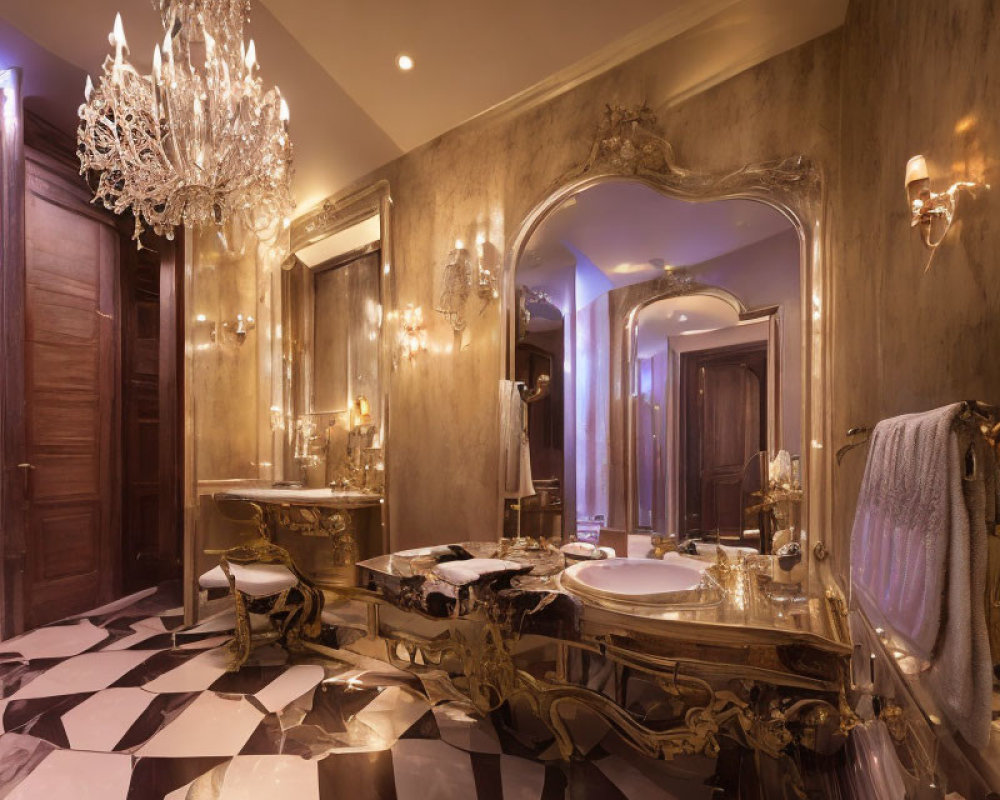 Luxurious Bathroom with Chandelier, Gold Mirrors, Gilded Vanity, Checkered Floor