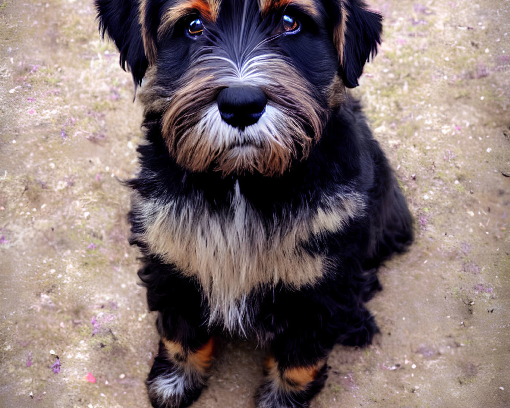 Fluffy Black and Tan Dog with Expressive Eyes on Textured Ground