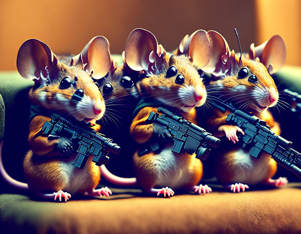 Anthropomorphized mice soldiers with rifles on blurred backdrop