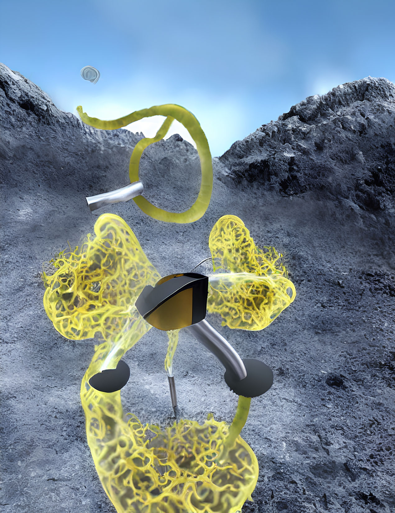 Abstract 3D metallic structure with yellow tubes in lunar landscape