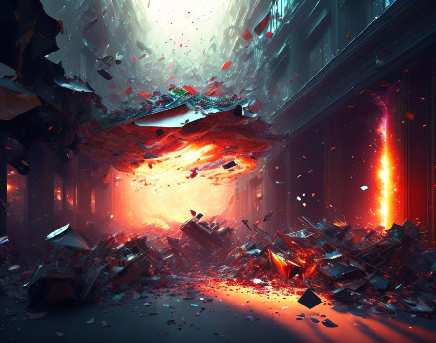 Futuristic corridor with explosive debris and intense orange light