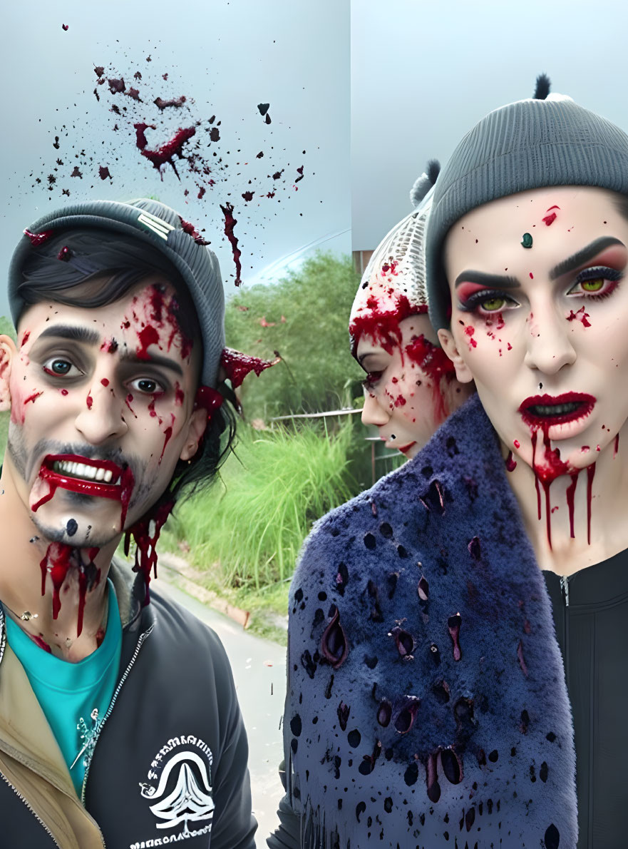 Two people in dramatic zombie makeup with blood splatter, pale skin, and dark eyes, posing outside