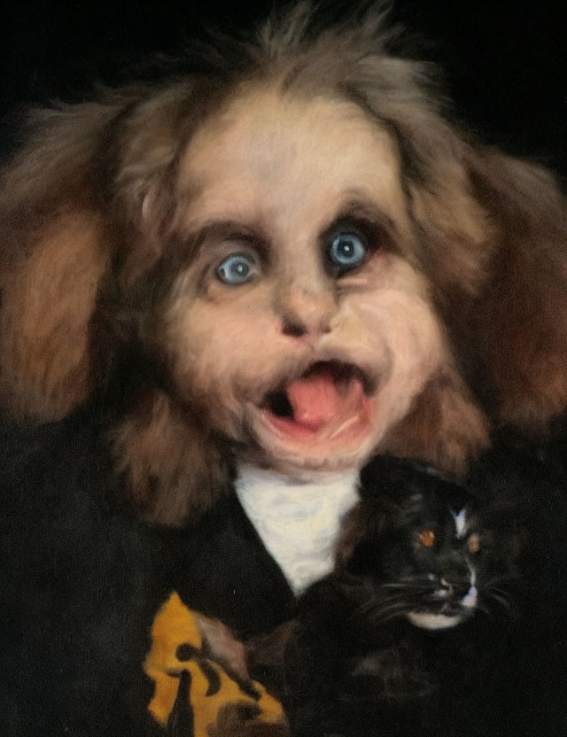 Surreal humanoid creature with dog-like features holding a black cat