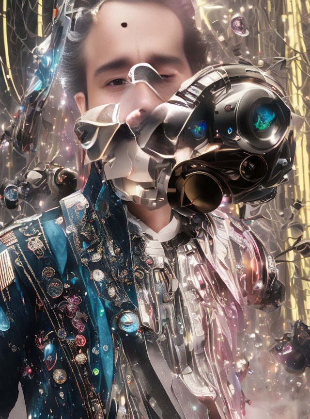 Futuristic robotic mask on person with ornate attire and shiny backdrop