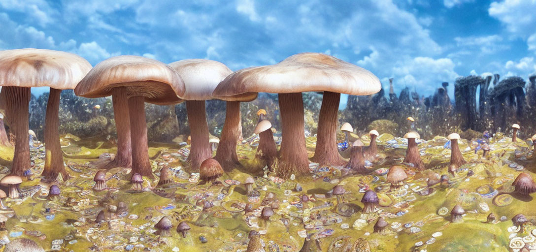 Fantastical landscape with oversized mushrooms and forest under blue sky