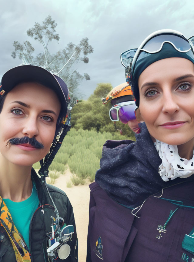 Two individuals in quirky outfits with goggles and fake mustaches posing in natural setting.