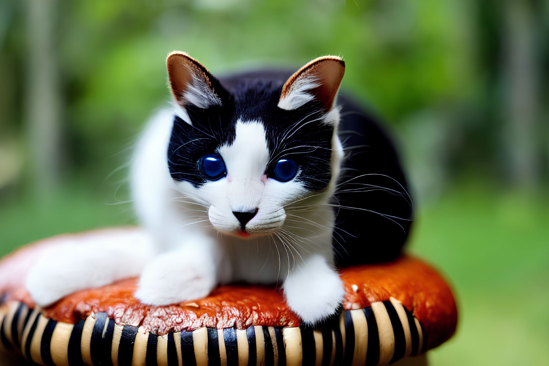 Black and White Cat with Blue Eyes on Orange Striped Cushion