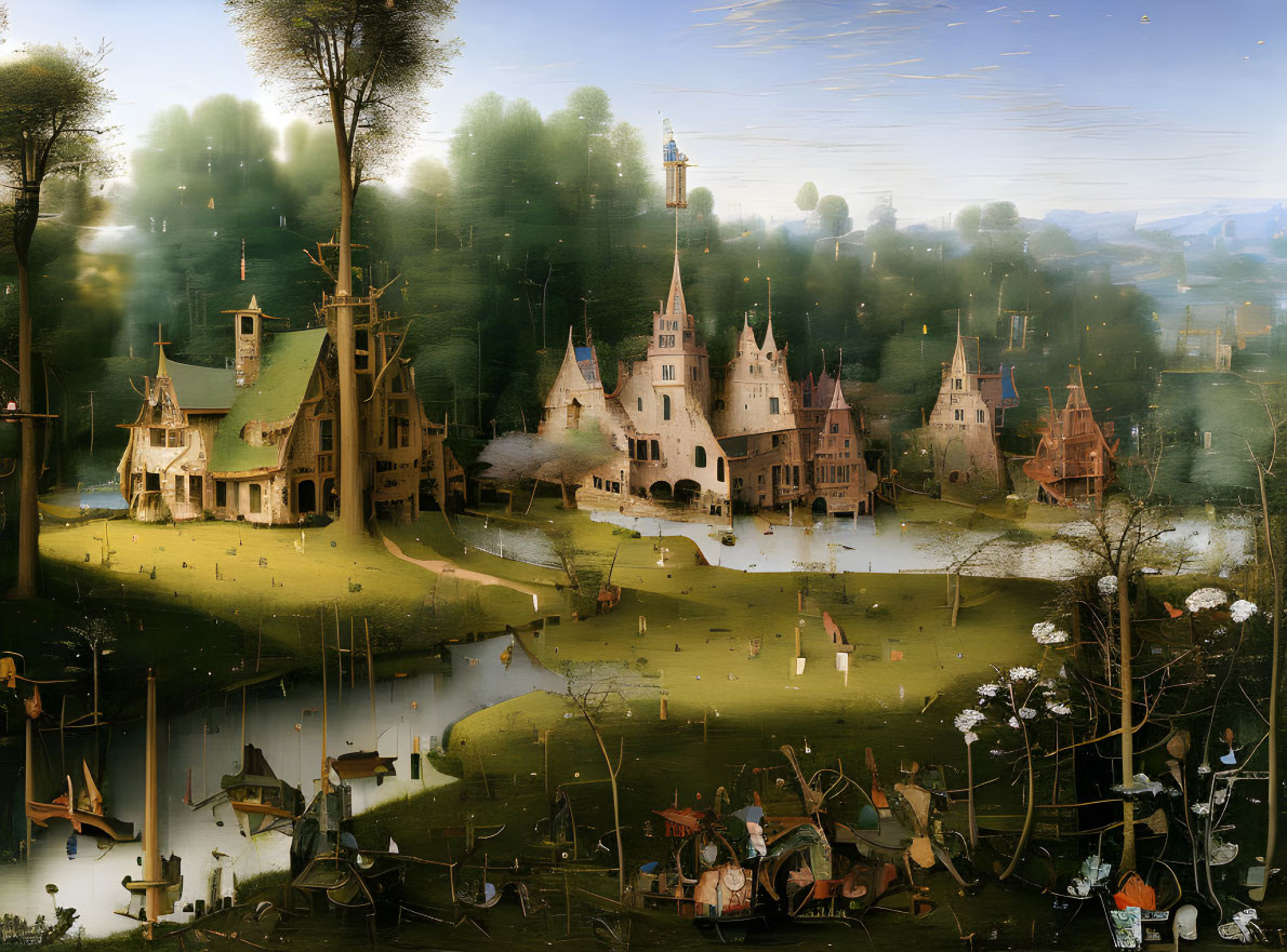 Detailed Medieval Village Landscape with River, Boats, and Forest