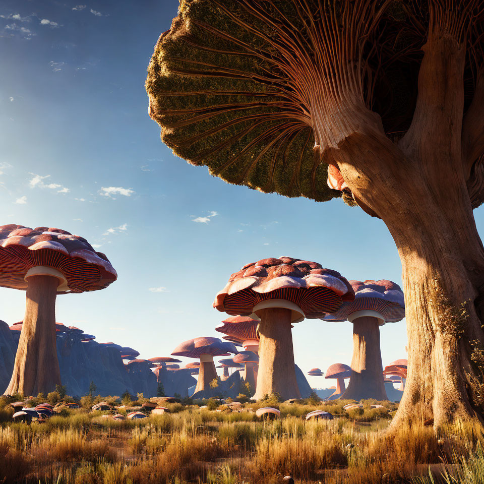 Fantastical landscape with oversized mushroom-like trees under clear blue sky