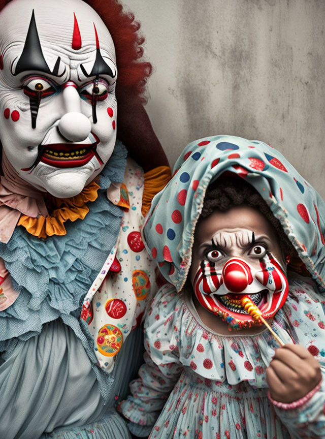 Colorful clowns with dramatic makeup and costumes posing closely.