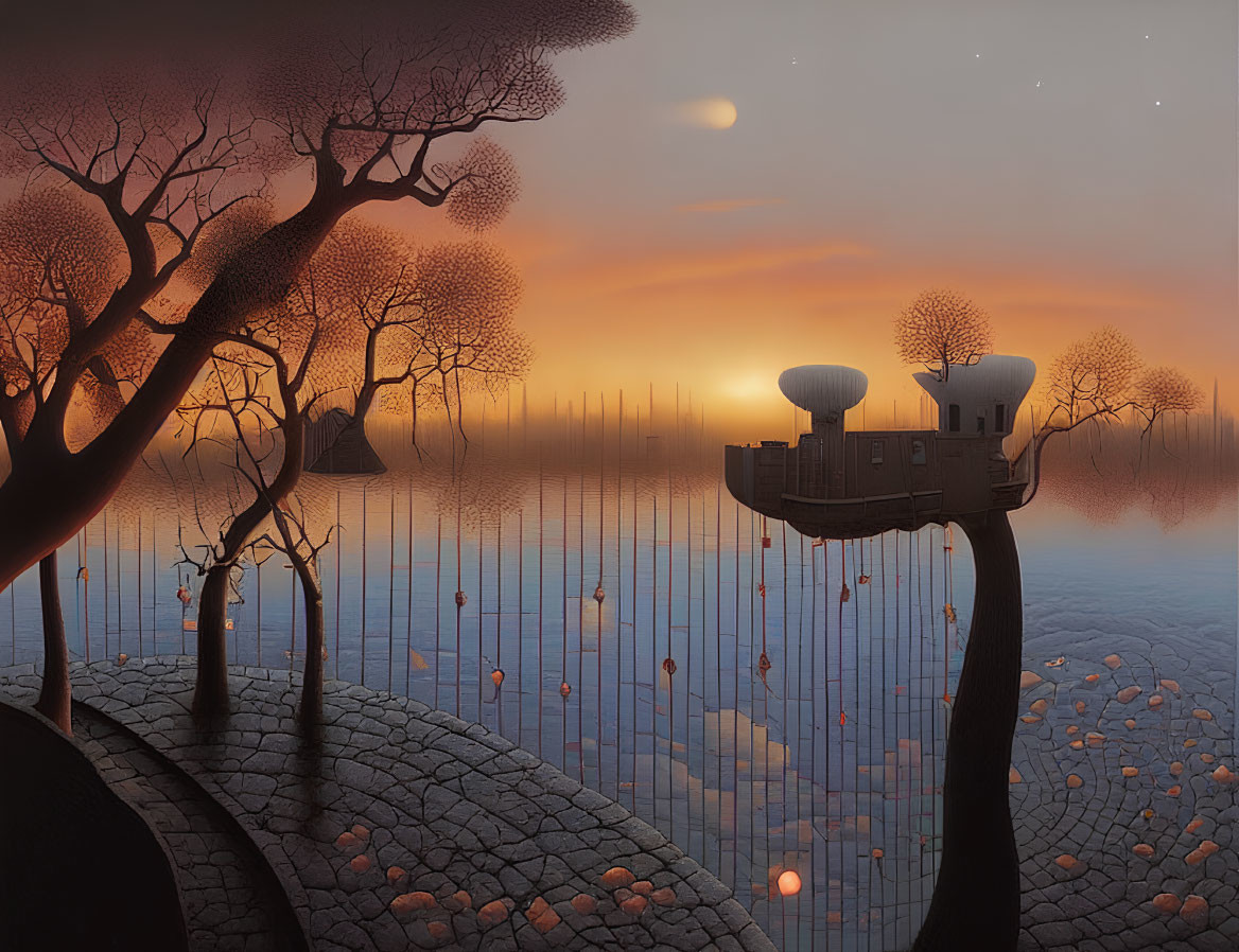 Surreal landscape with tree-top house, lantern-lit water, and twilight sky