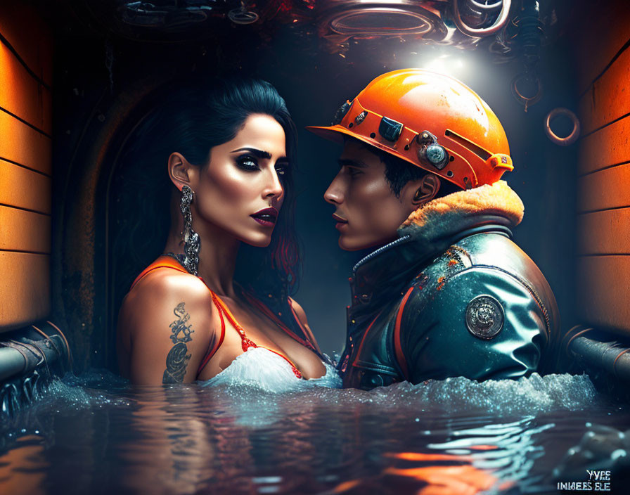 Digital artwork: Woman with striking makeup and tattoo gazes at man in orange helmet and futuristic suit in