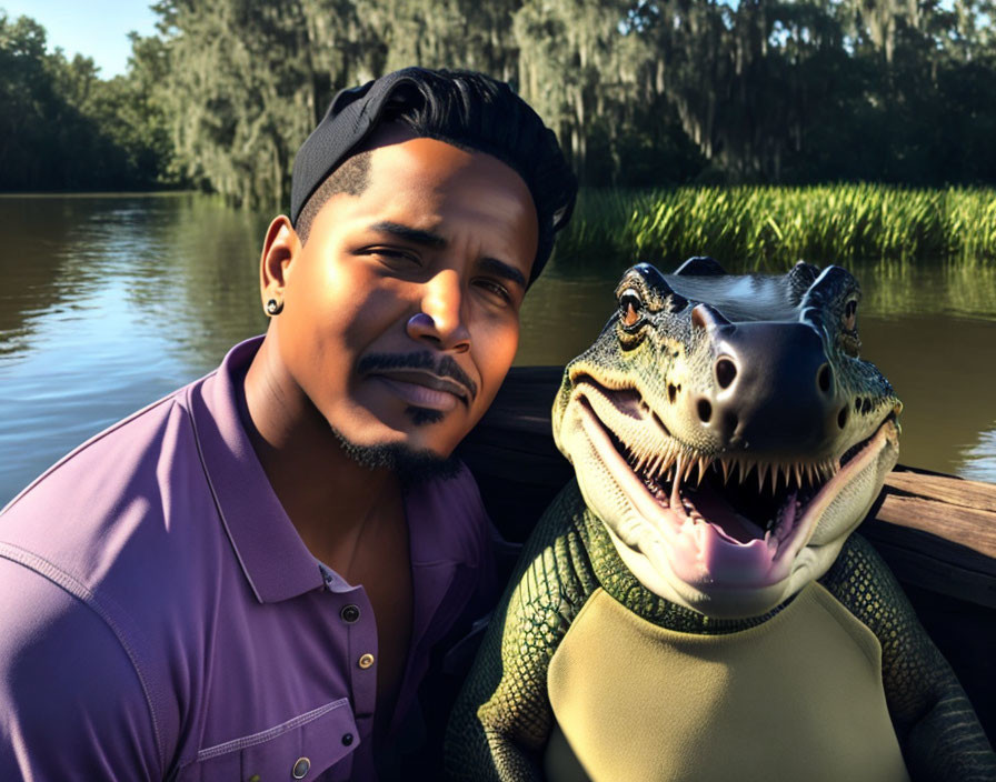 Person and anthropomorphic alligator sitting together by water and trees