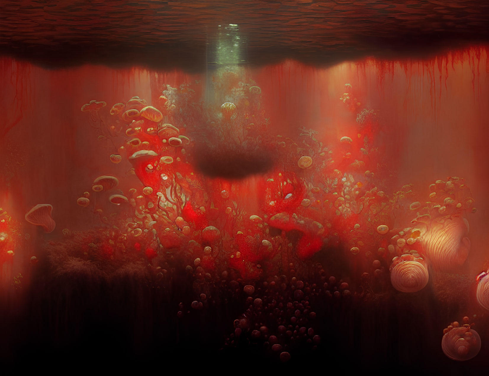 Underwater scene with swirling red particles and jellyfish in dark waters