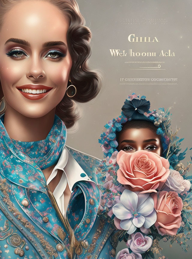 Stylized digital artwork featuring two women with vintage fashion and floral adornments