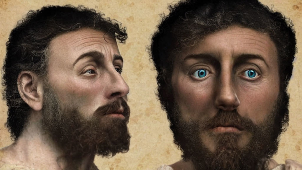 Two men's faces with blue eyes in classical painting style