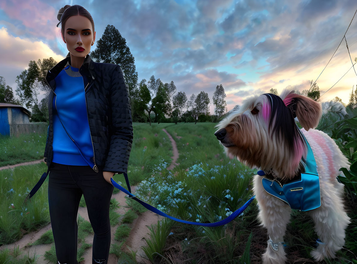 Digital illustration: Woman with stylish dog on leash at dusk