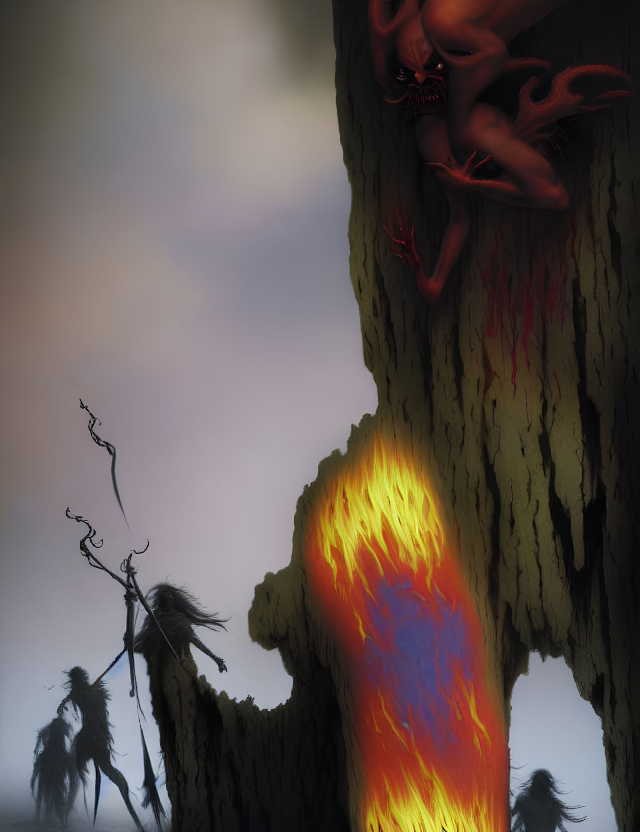 Eerie red-eyed creature on tree with lava flow and mysterious figures