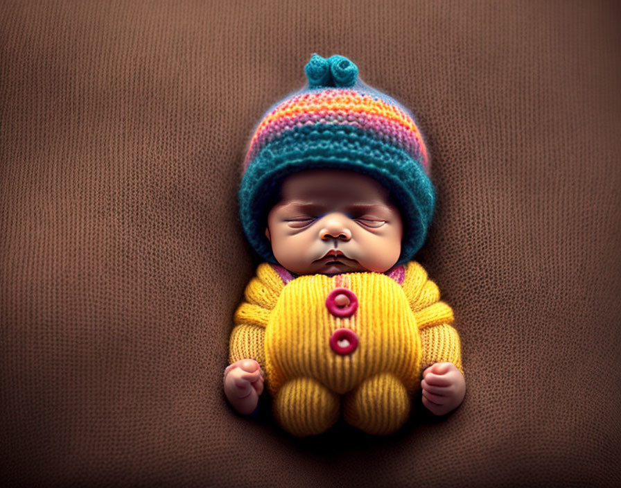 Newborn in Colorful Knitted Hat Sleeping on Brown Background